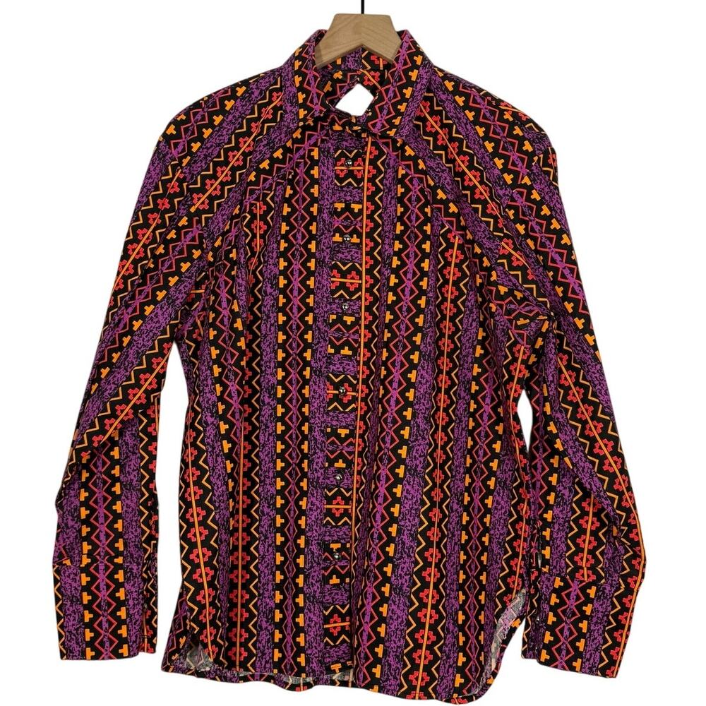 Vintage Banjo Button Down Shirt Size M Purple Aztec Rodeo Cowgirl Western 80s